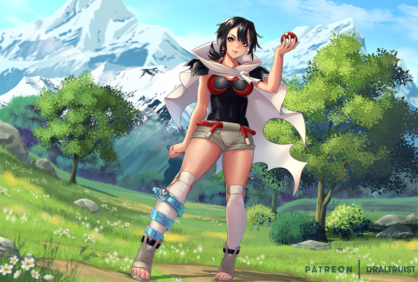1girl anklet artist_name bangs belt black_hair black_shirt boots breasts clenched_hand cloak closed_mouth clouds commentary day dr_altruist eyelashes flower grass grey_footwear grey_legwear grey_shorts holding holding_poke_ball jewelry legs_apart looking_at_viewer mountain orange_eyes outdoors over-kneehighs poke_ball poke_ball_(basic) pokemon pokemon_(game) pokemon_oras red_belt rock rope_belt shirt short_shorts shorts sky smile solo standing thigh-highs tied_hair toeless_footwear tree white_flower zinnia_(pokemon)