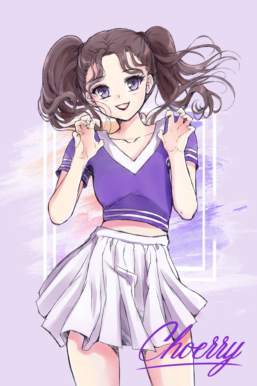 1girl absurdres animification bangs brown_hair character_name choerry claw_pose collarbone hair_behind_ear head_tilt highres k-pop loona_(group) open_hands parted_bangs purple_background purple_shirt real_life red_lips ruru_creations shirt skirt smile solo twintails violet_eyes white_skirt