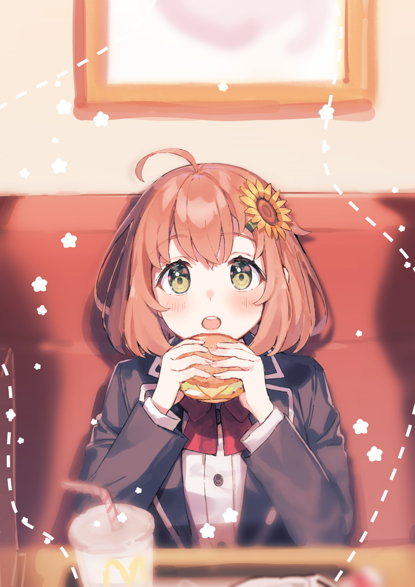 1girl absurdres ahoge bangs black_jacket blush bow bowtie brown_hair burger commentary_request cup disposable_cup drinking_straw eating eyebrows_visible_through_hair flower food green_eyes hair_flower hair_ornament highres holding holding_food honma_himawari indoors jacket long_sleeves looking_at_viewer mcdonald's nijisanji open_mouth red_bow red_bowtie round_teeth shirt short_hair solo sunflower teeth upper_body virtual_youtuber white_shirt yellow_flower yumesaki_nana