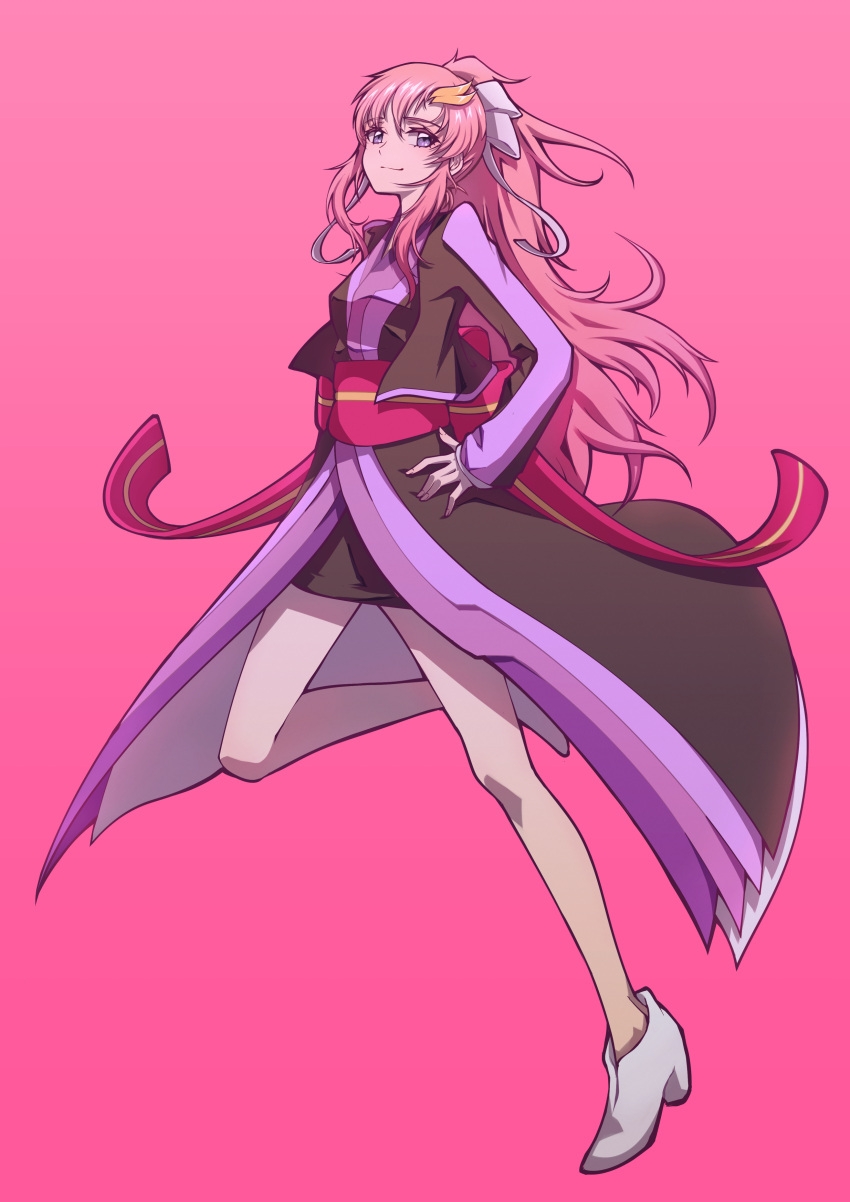 1girl absurdres black_jacket black_skirt breasts gundam gundam_seed gundam_seed_destiny hair_behind_ear hand_on_hip head_tilt hej high_heels highres jacket lacus_clyne long_hair looking_at_viewer medium_breasts obi pink_background pink_hair ponytail sash skirt smile solo standing standing_on_one_leg very_long_hair violet_eyes white_footwear