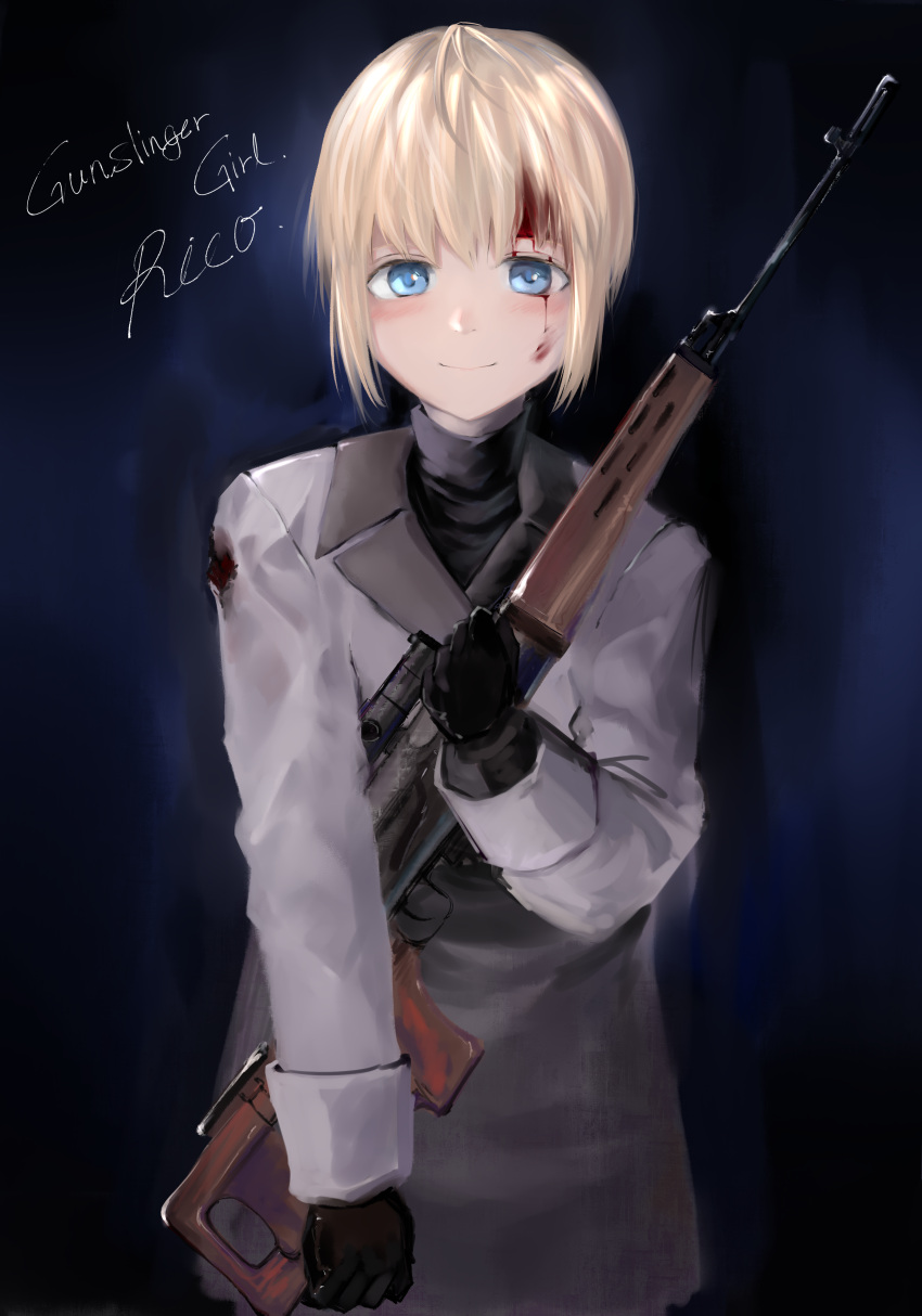 1girl 73suke absurdres black_gloves blonde_hair blood blood_on_face blue_eyes character_name closed_mouth coat commentary copyright_name gloves grey_coat gun gunslinger_girl highres holding holding_gun holding_weapon long_sleeves looking_at_viewer rico_(gunslinger_girl) rifle short_hair smile sniper_rifle solo weapon