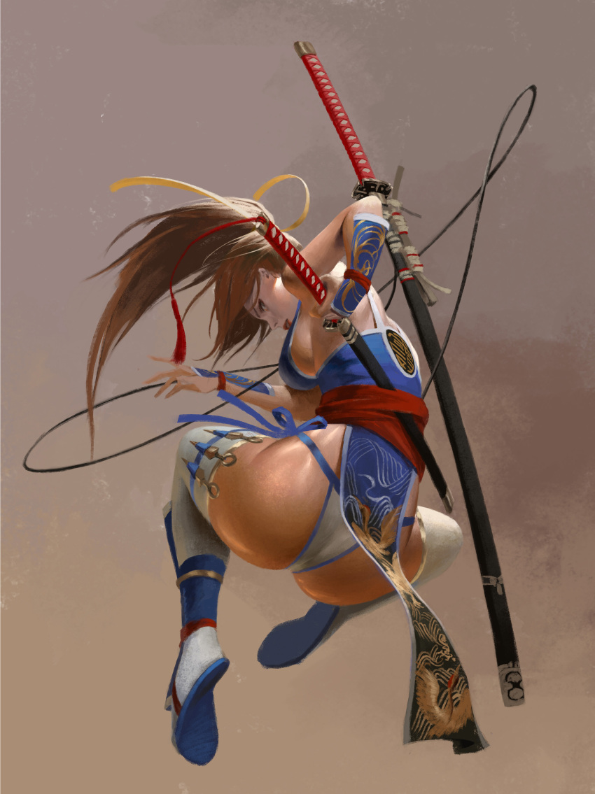 1girl absurdres animal_print arm_guards ass bangku_an bare_shoulders bird_print breasts brown_background brown_hair dead_or_alive from_behind full_body highres holding holding_sword holding_weapon jumping kasumi_(doa) katana kunai long_hair looking_back midair panties pelvic_curtain ponytail profile sash shin_guards shoe_soles short_sword side-tie_panties sideboob solo sword thigh-highs thigh_strap underwear weapon white_legwear white_panties