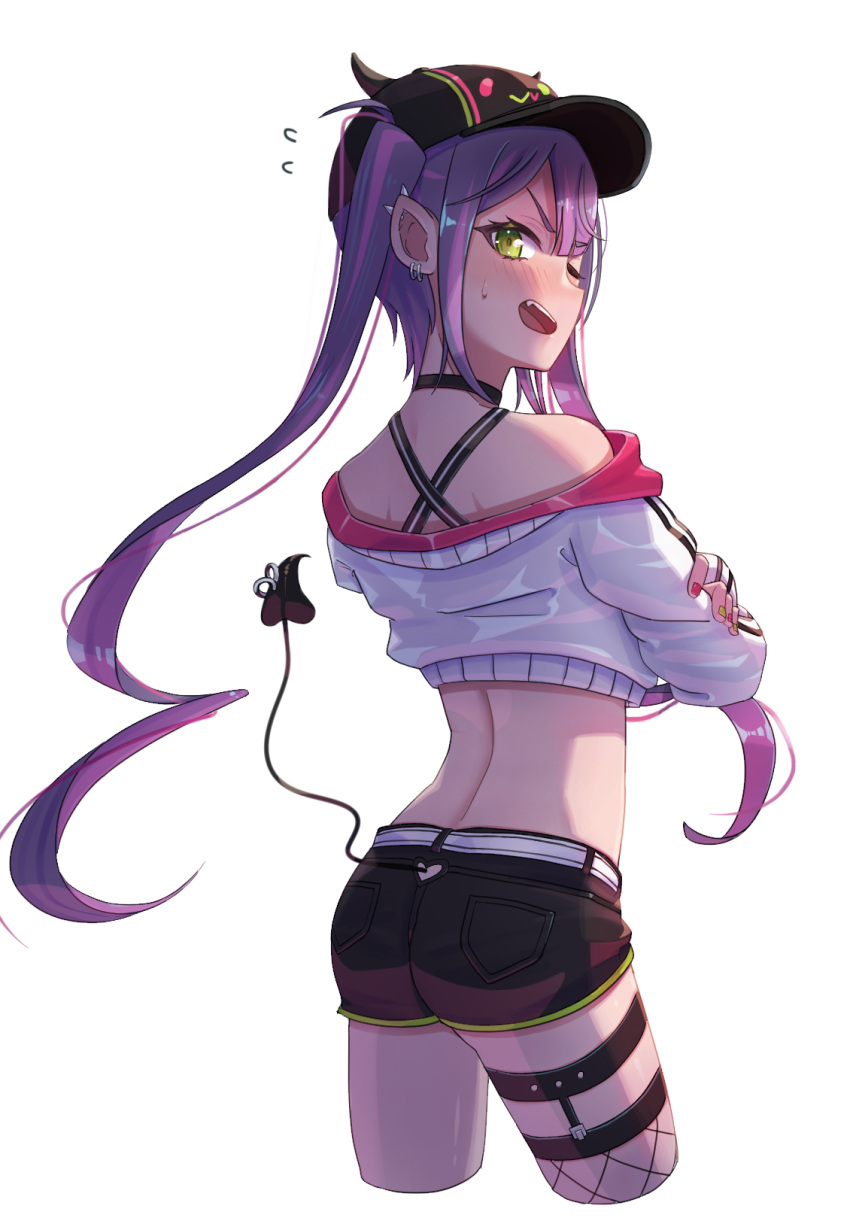 1girl baseball_cap black_choker black_headwear black_shorts blush choker cowboy_shot cropped_legs demon_tail ear_piercing earrings floating_hair from_behind green_eyes hat highres hololive jewelry long_hair looking_at_viewer looking_back midriff multicolored_hair multicolored_nails nail_polish one_eye_closed open_mouth piercing pink_hair purple_hair red_nails shiny shiny_hair shiny_skin short_shorts shorts simple_background solo standing tail tail_ornament tail_piercing tokoyami_towa twintails two-tone_hair tyasuzu very_long_hair virtual_youtuber white_background