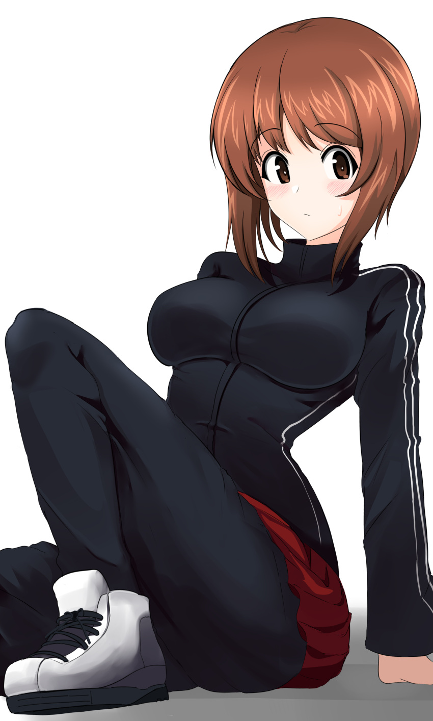 1girl absurdres aikir_(jml5160) bangs blush brown_eyes brown_hair closed_mouth commentary cross-laced_footwear double_vertical_stripe eyebrows_visible_through_hair girls_und_panzer highres jacket jersey knee_up light_frown looking_at_viewer nishizumi_miho pants pants_under_skirt pleated_skirt red_skirt shoes short_hair simple_background skirt solo sweatdrop track_jacket track_pants track_suit white_background white_footwear