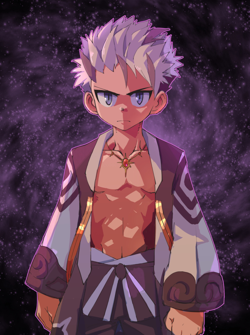 1boy abs character_request child colored_skin commentary gem highres jewelry kabon_(b00902061) looking_at_viewer male_focus multicolored_hair muscular muscular_male orange_skin purple_hair scar scar_on_chest scared solo starry_background tales_of_(series) tales_of_symphonia tower_of_saviors violet_eyes white_hair