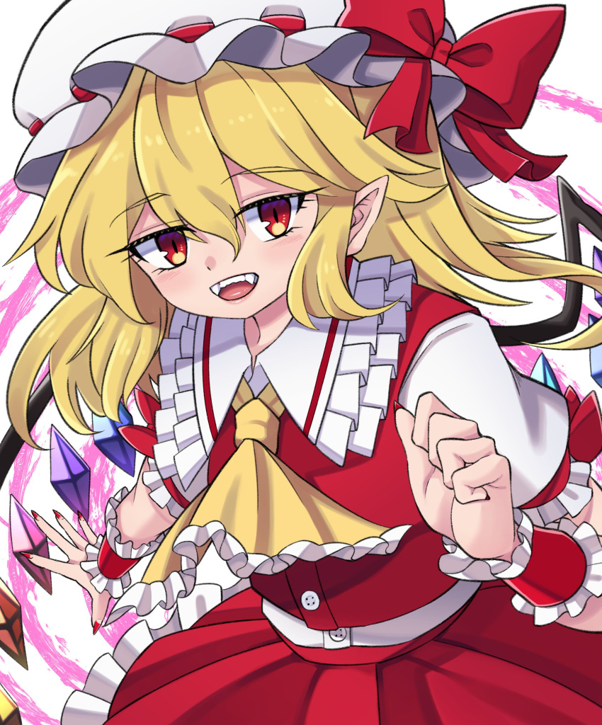 1girl :d absurdres arm_up ascot aura bangs blonde_hair blush bow buttons commentary_request crystal doku_yanagi dot_nose eyebrows_visible_through_hair eyelashes fangs fingernails flandre_scarlet frilled_shirt_collar frilled_skirt frills hat hat_bow hat_ribbon highres looking_at_viewer medium_hair mob_cap nail_polish one_side_up open_mouth pointy_ears puffy_short_sleeves puffy_sleeves red_bow red_eyes red_nails red_ribbon red_skirt red_vest ribbon shirt short_sleeves side_ponytail sidelocks simple_background skirt slit_pupils smile solo standing teeth touhou upper_body upper_teeth vest white_background white_headwear white_shirt wings wrist_cuffs yellow_neckwear