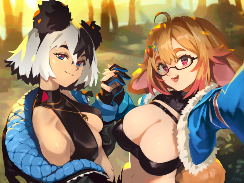 2girls :d ahoge animal_ears bangs black-framed_eyewear black_hair blue_eyes blue_jacket bonnie_(bunny_gif) breasts carrot_hair_ornament character_request commentary cropped_jacket english_commentary fingerless_gloves food-themed_hair_ornament fur_trim glasses gloves hair_between_eyes hair_ornament hairclip highres holding_hands indie_virtual_youtuber interlocked_fingers jacket jewelry large_breasts long_hair looking_at_viewer medium_breasts multicolored_eyes multicolored_hair multiple_girls navel necklace open_clothes open_jacket open_mouth optionaltypo orange_hair outdoors pink_hair rabbit_ears red_eyes selfie semi-rimless_eyewear short_hair smile tail two-tone_hair under-rim_eyewear virtual_youtuber white_hair