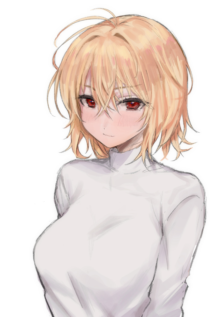 1girl absurdres antenna_hair arcueid_brunestud blonde_hair blush breasts commentary hair_between_eyes highres long_sleeves looking_at_viewer maria_(syake-uni) medium_breasts red_eyes short_hair simple_background smile solo tsukihime upper_body white_background