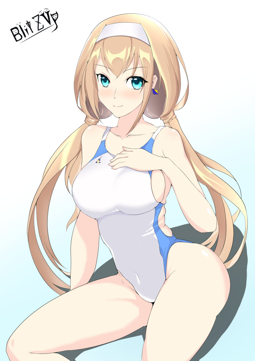1girl blitzvp blonde_hair breasts competition_swimsuit hair_behind_ear hairband highres large_breasts low_twintails mitsuba_greyvalley one-piece_swimsuit simple_background solo super_robot_wars super_robot_wars_30 swimsuit twintails white_background white_hairband