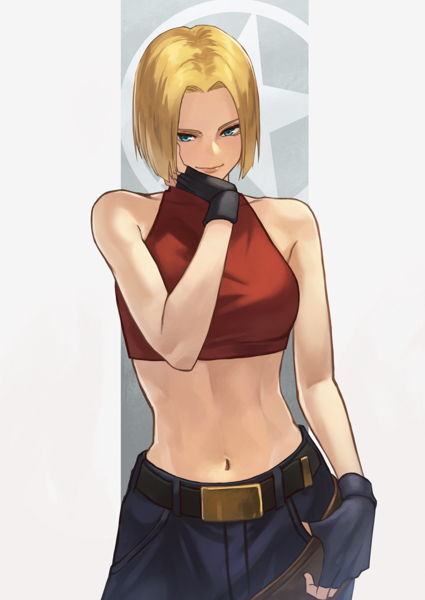 1girl absurdres aqua_eyes bare_arms bare_shoulders belt black_gloves black_pants blonde_hair blue_mary breasts closed_mouth cowboy_shot crop_top fingerless_gloves forehead gloves hand_on_own_face hara_kenshi highres lips looking_at_viewer medium_breasts navel pants short_hair solo star_(symbol) stomach the_king_of_fighters toned v-shaped_eyebrows