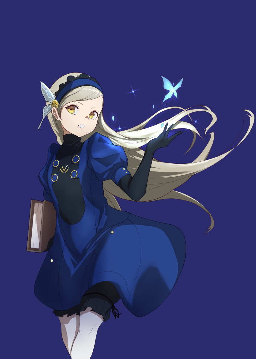 1girl absurdres bangs black_gloves black_ribbon black_shorts blue_background blue_dress blue_hairband bug butterfly butterfly_hair_ornament dress elbow_gloves floating_hair gloves hair_ornament hairband highres holding lavenza_(persona_5) long_hair looking_at_viewer persona persona_5 ribbon s-m-53413 short_dress shorts shorts_under_dress silver_hair simple_background solo standing swept_bangs very_long_hair yellow_eyes