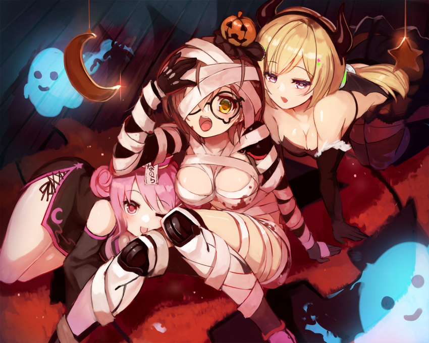 aki_rosenthal bandages blonde_hair blood blood_stain blush bob_cut brown_hair demon_costume demon_horns demon_wings fake_horns fake_wings fur-trimmed_gloves fur_trim ghost glasses gloves halloween halloween_costume highres himemori_luna hololive horns indoors jack-o'-lantern long_hair looking_at_viewer mechanical_arms mechanical_legs miniskirt moon_(ornament) multiple_girls mummy_costume open_mouth pink_hair roboco-san short_hair side_bun skirt star_(symbol) sue_(bg-bros) teardrop-framed_glasses teeth thigh-highs upper_teeth violet_eyes virtual_youtuber wavy_hair wings yellow_eyes