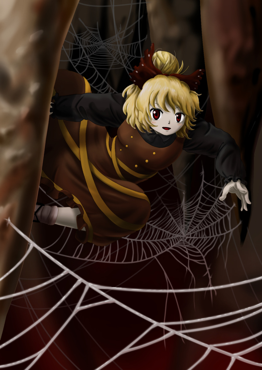1girl bangs black_shirt blonde_hair bow brown_bow brown_dress buttons collared_shirt commentary_request dress frilled_sleeves frills full_body hair_bow hair_bun highres kurodani_yamame long_sleeves looking_at_viewer official_style open_mouth parasite_oyatsu parody ribbon shirt short_hair silk socks solo spider_web style_parody touhou white_legwear yellow_ribbon zun_(style)