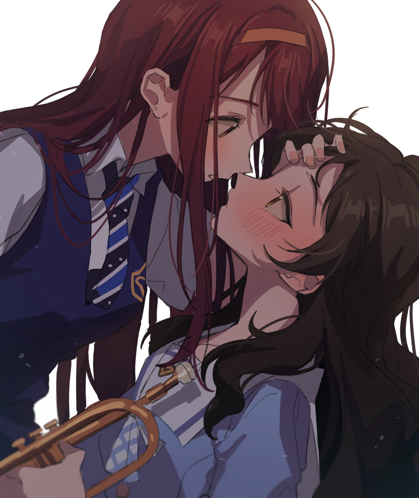 absurdres blue_necktie blue_shirt blue_vest blush brown_eyes collared_shirt commentary_request eye_contact from_side hairband hand_on_another's_face hano9789 highres holding holding_instrument idolmaster idolmaster_million_live! instrument kitazawa_shiho korean_commentary long_hair looking_at_another necktie noses_touching parted_lips purple_hair sailor_collar school_uniform serafuku shirt simple_background striped_necktie tanaka_kotoha trumpet upper_body vest white_background white_sailor_collar white_shirt yellow_hairband