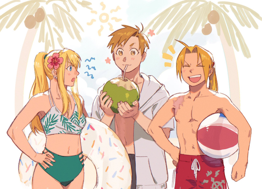 1girl 2boys :3 :d ^_^ ahoge alphonse_elric ball beachball bikini black_shorts blonde_hair blush closed_eyes closed_mouth coconut cowboy_shot drinking_straw edward_elric food fruit fullmetal_alchemist green_bikini highres holding holding_ball holding_food holding_fruit holding_innertube innertube jacket laughing long_hair multiple_boys palm_tree ponytail raicchi_(raicchi96) red_shorts short_hair shorts smile star_(symbol) swimsuit tree v-shaped_eyebrows white_bikini white_jacket winry_rockbell