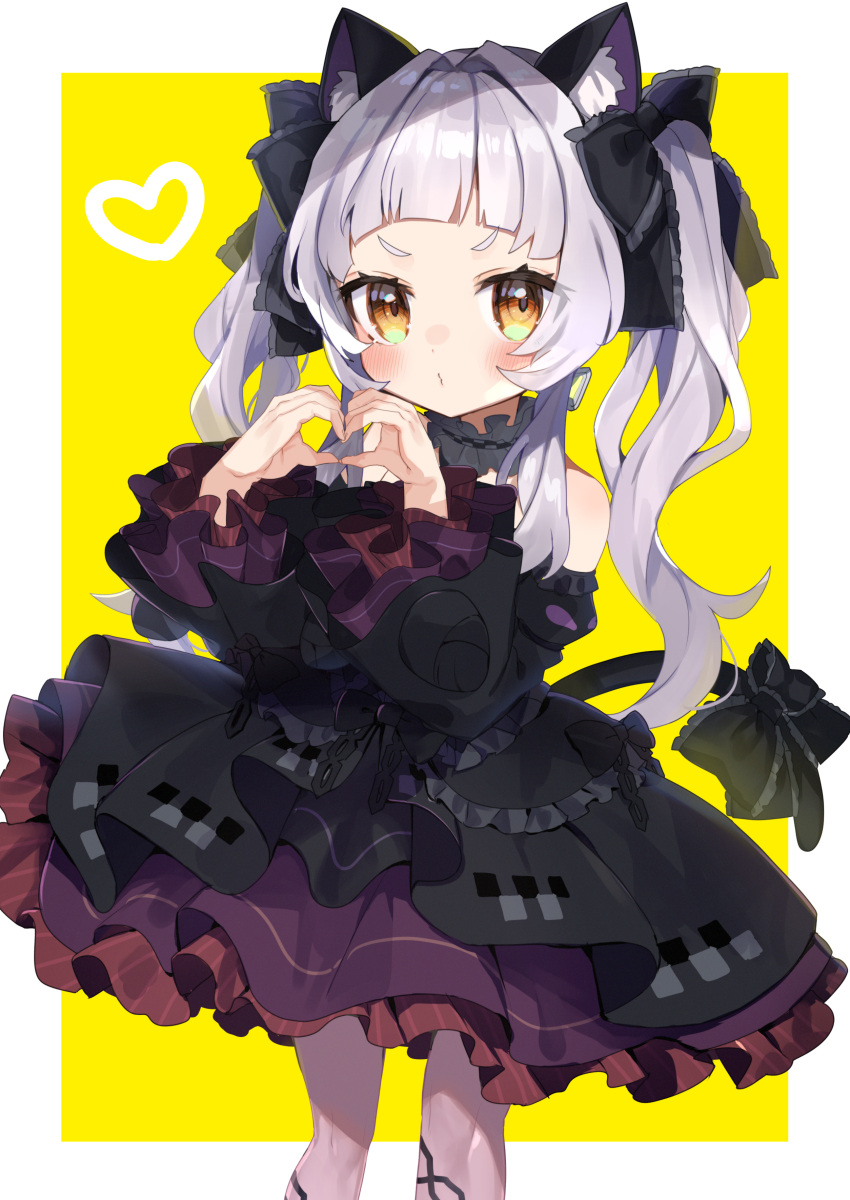 1girl absurdres animal_ear_fluff animal_ears bangs black_bow black_dress black_ribbon blush bow cat_ears cat_girl cat_tail choker dress eyes_visible_through_hair feet_out_of_frame frilled_bow frilled_choker frilled_dress frilled_ribbon frilled_sleeves frills gothic_lolita hair_ribbon heart heart_hands highres hololive lolita_fashion long_hair long_sleeves looking_at_viewer murasaki_shion noi_mine pantyhose puckered_lips ribbon short_eyebrows silver_hair simple_background solo tail tail_bow tail_ornament twintails very_long_hair virtual_youtuber yellow_eyes younger