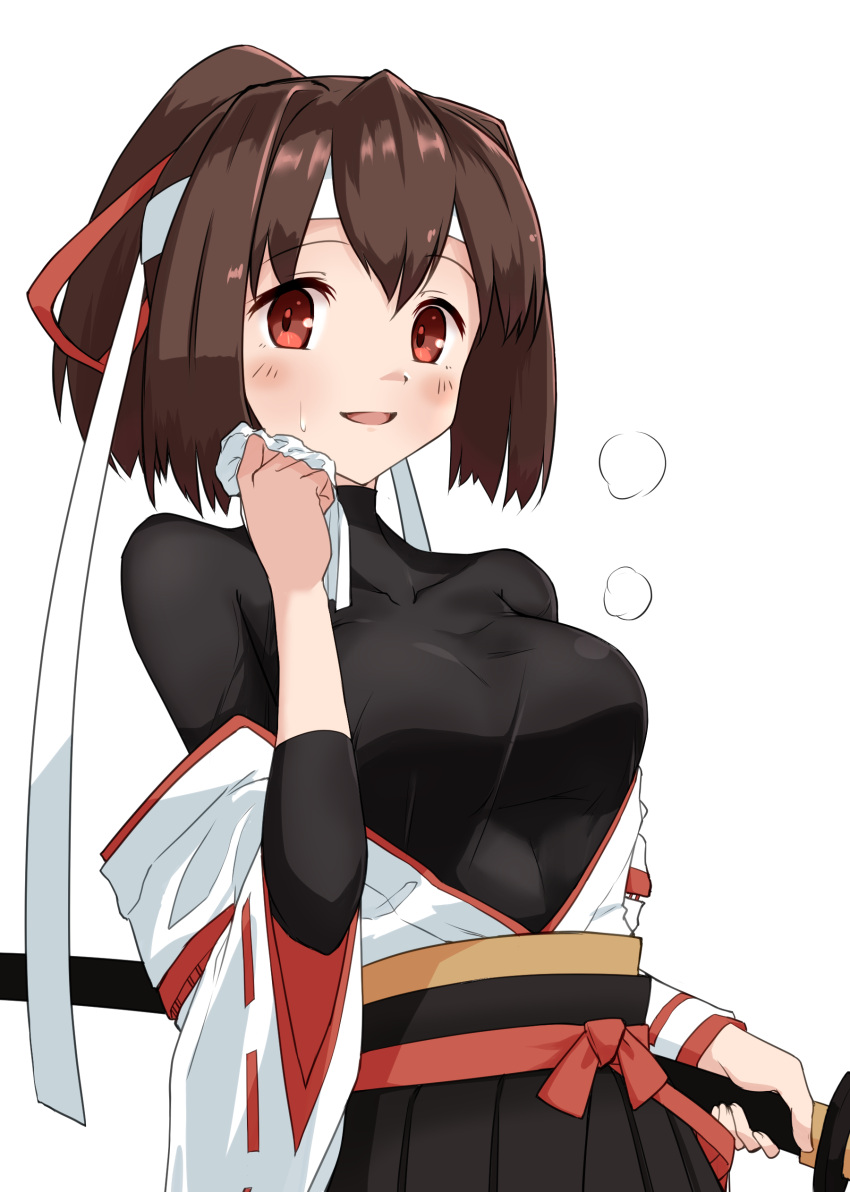 1girl absurdres bangs blush breasts brown_hair eyebrows_visible_through_hair hair_ribbon hakama headband highres holding holding_sword holding_weapon ise_(kancolle) japanese_clothes kantai_collection looking_at_viewer medium_breasts open_clothes parted_lips ponytail red_eyes red_ribbon remodel_(kantai_collection) ribbon ribbon-trimmed_sleeves ribbon_trim shiba_(zudha) simple_background solo sweat sword undershirt weapon white_background white_headband wide_sleeves wiping_sweat
