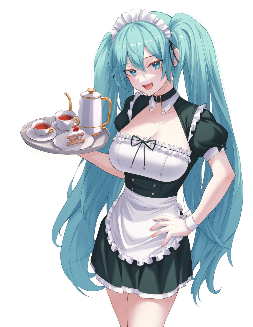 1girl absurdres apron blue_eyes blue_hair breasts cake cake_slice choker cowboy_shot cup eyebrows_visible_through_hair food fruit hair_between_eyes hand_on_hip hatsune_miku highres holding holding_tray large_breasts long_hair looking_at_viewer maid maid_apron maid_headdress open_mouth panichyun plate short_sleeves simple_background solo strawberry tea teacup teapot tongue tray twintails very_long_hair vocaloid white_background wrist_cuffs