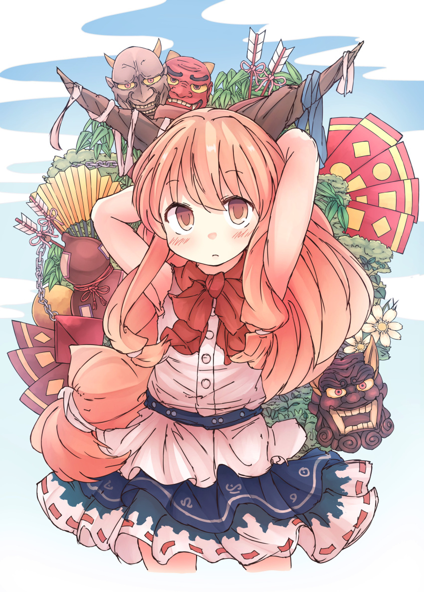 1girl absurdres arms_behind_head arrow_(projectile) bangs belt blue_skirt closed_mouth cropped_legs eyebrows_visible_through_hair flower folding_fan gourd hand_fan highres horn_ornament horn_ribbon horns ibuki_suika kamotsu_yasai long_hair looking_at_viewer low-tied_long_hair mask oni_mask orange_eyes orange_hair plant red_neckwear ribbon ribbon-trimmed_skirt ribbon_trim shirt skirt solo standing torn_clothes torn_sleeves touhou white_flower white_shirt