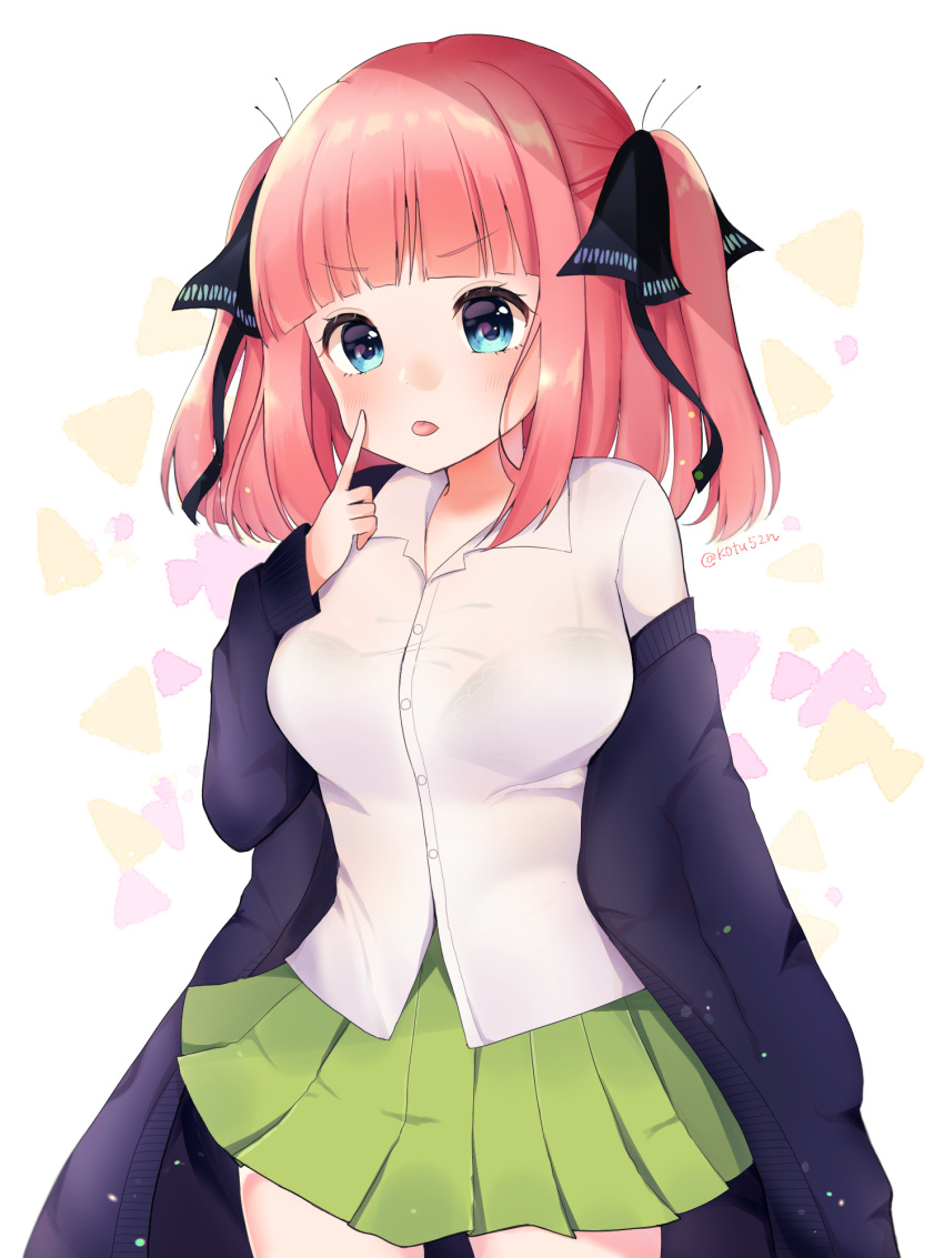 1girl bangs black_bra black_cardigan black_ribbon blue_eyes blunt_bangs blush bra breasts butterfly_hair_ornament cardigan finger_to_cheek frown go-toubun_no_hanayome green_skirt hair_ornament highres large_breasts ligh_xi looking_at_viewer nakano_nino open_cardigan open_clothes pink_hair ribbon see-through shirt simple_background skirt sleeves_past_wrists thick_thighs thighs tongue tongue_out twintails underwear v-shaped_eyebrows white_shirt