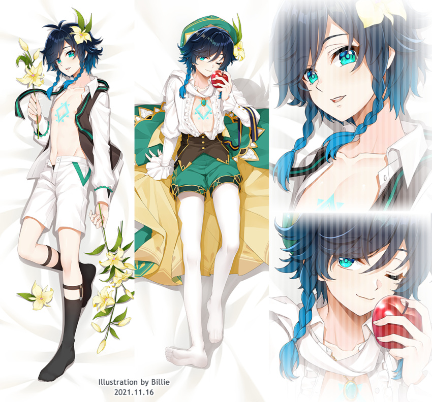 1boy 2021 apple billie_(meng_gong_fang) blue_eyes blue_hair braid chest_tattoo collarbone commentary_request dakimakura_(medium) dated eyebrows_visible_through_hair flower food frilled_shirt frills fruit full_body genshin_impact gradient_hair hair_between_eyes hair_flower hair_ornament hat holding holding_flower holding_food holding_fruit long_sleeves looking_at_viewer lying multicolored_hair multiple_views navel nipples on_back one_eye_closed open_clothes open_mouth open_shirt pantyhose shirt shorts smile tattoo teeth tongue twin_braids venti_(genshin_impact) vision_(genshin_impact)