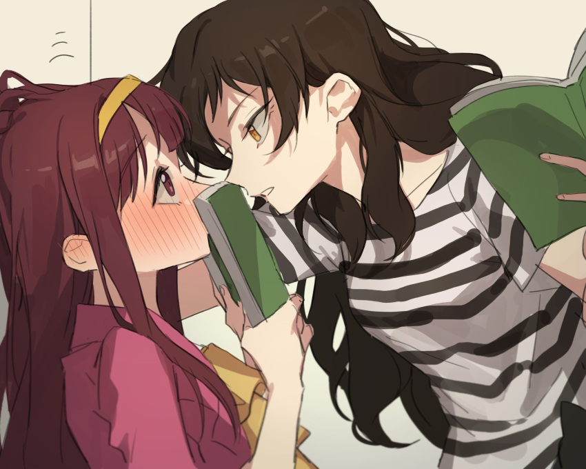 2girls blush book brown_hair commentary_request eye_contact eyebrows_visible_through_hair from_side hairband hano9789 highres holding holding_book idolmaster idolmaster_million_live! kabedon kitazawa_shiho korean_commentary long_hair looking_at_another multiple_girls parted_lips pink_shirt purple_hair shirt striped striped_shirt tanaka_kotoha upper_body violet_eyes white_shirt yellow_eyes yellow_hairband yuri
