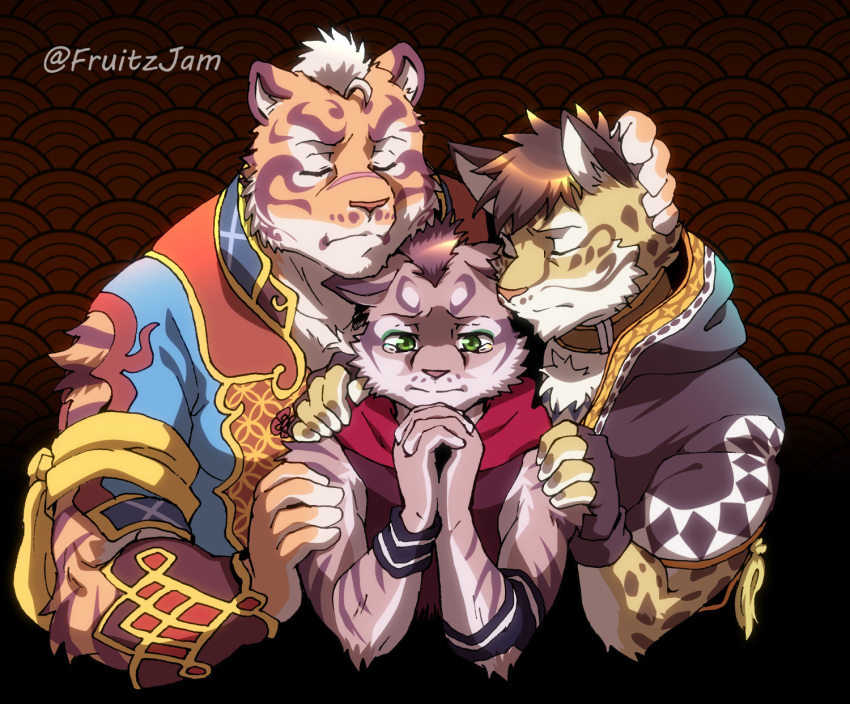 3boys animal_ears animal_print brown_hair cat_nose chest_tuft closed_eyes crying english_commentary fingerless_gloves fluffy fruitz_(fruitzjam) furry gloves green_eyes hand_on_another's_head hand_on_another's_shoulder highres leopard_boy leopard_ears leopard_print lin_hu_(nekojishi) multiple_boys nekojishi own_hands_clasped own_hands_together tassel tears tiger_boy tiger_ears white_hair wristband