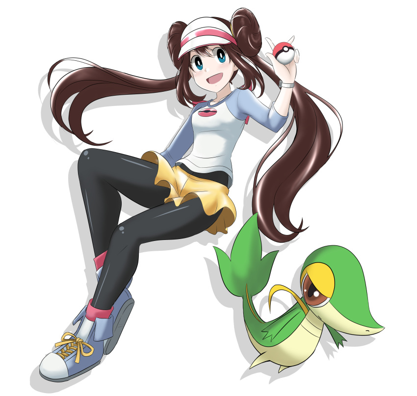 1girl absurdres black_legwear blue_eyes breasts brown_hair double_bun highres long_hair open_mouth pantyhose pokemon pokemon_(creature) pokemon_(game) pokemon_bw2 pokemon_masters_ex raglan_sleeves rosa_(pokemon) shorts simple_background smile snivy takaya_n twintails visor_cap white_background