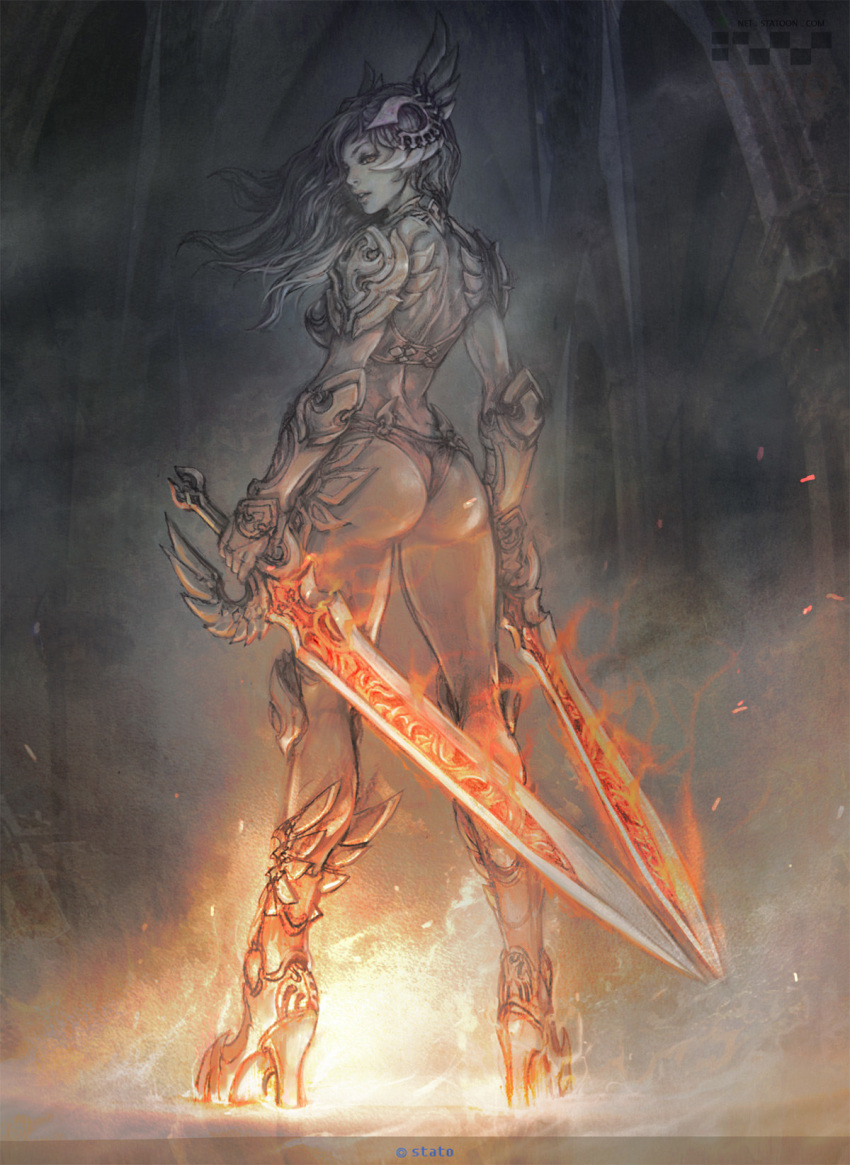 1girl armor armored_boots arms_at_sides ass bikini_armor boots breastplate breasts dual_wielding english_commentary fantasy fire flame floating_hair from_behind hallway helmet high_heel_boots high_heels highres holding holding_sword holding_weapon leg_wings legs_apart long_hair looking_back original ozo_stato partially_colored pauldrons profile reverse_grip shoulder_armor smoke solo standing sword vambraces weapon winged_footwear winged_helmet winged_sword