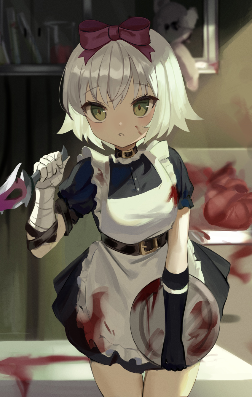 1girl absurdres alternate_costume apron bangs blood blush bow dress enmaided eyebrows_visible_through_hair fate/apocrypha fate/grand_order fate_(series) flat_chest green_eyes hair_between_eyes hair_ornament hair_ribbon highres holding holding_knife jack_the_ripper_(fate/apocrypha) knife kyo_(maae00) looking_at_viewer maid maid_apron maid_headdress ribbon short_hair solo