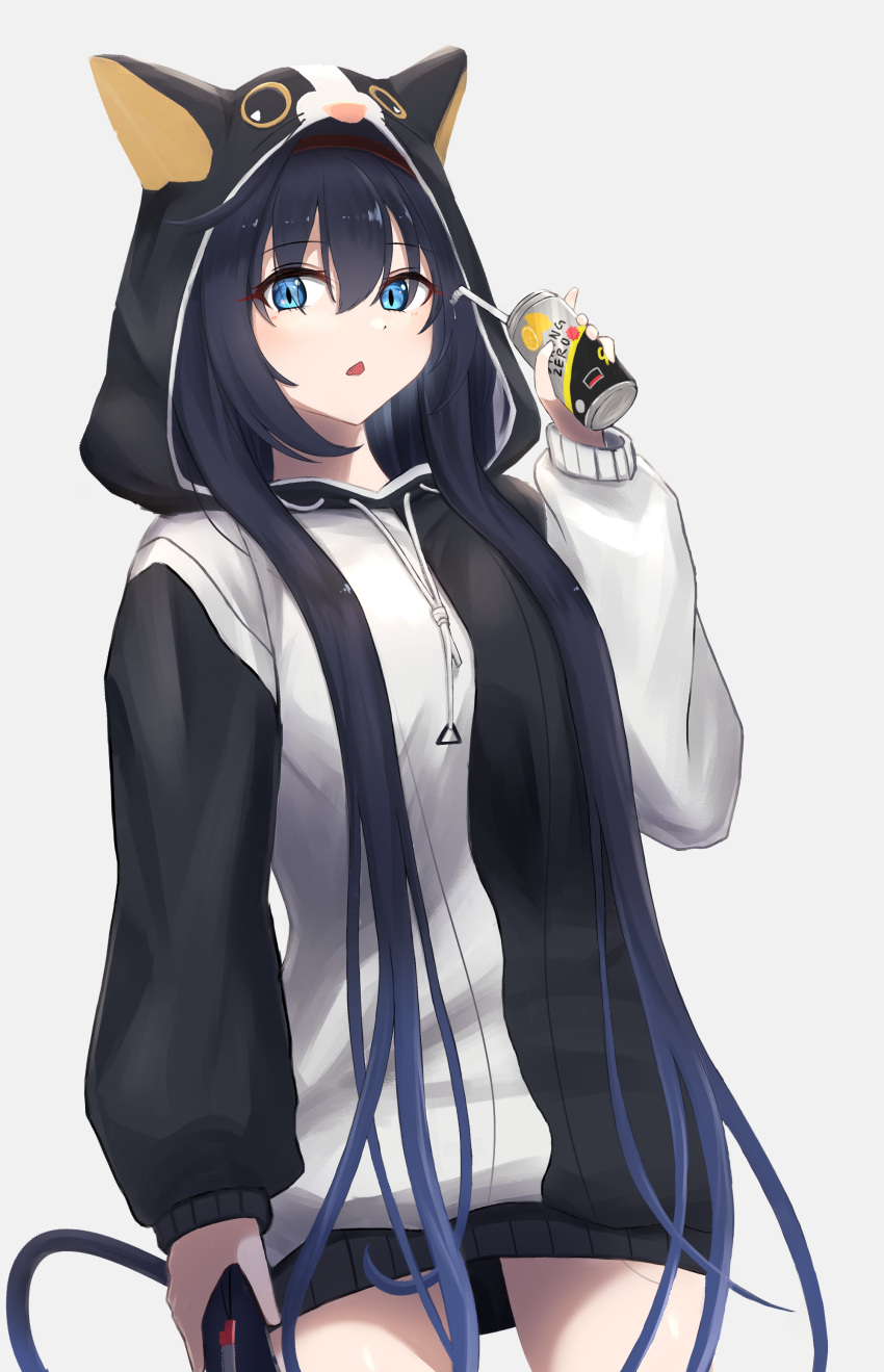 1girl absurdres animal_hood arknights black_hair black_hoodie blaze_(arknights) blue_eyes can cat_hood cowboy_shot drinking_straw eyebrows_visible_through_hair fang hair_between_eyes hand_up highres hiraya_shiba holding holding_can hood hood_up hoodie long_hair long_sleeves looking_at_viewer official_alternate_costume open_mouth simple_background solo two-tone_hoodie very_long_hair white_background white_hoodie