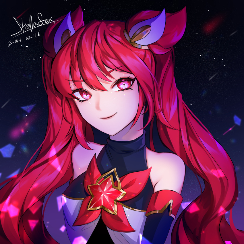 artist_request bad_id bad_pixiv_id bangs bare_shoulders black_background breasts check_artist closed_mouth dated glowing glowing_eyes gradient gradient_background hair_ornament highres jinx_(league_of_legends) league_of_legends long_hair looking_at_viewer official_alternate_costume purple_background red_eyes redhead small_breasts smile solo star_(symbol) starry_background stellafax two_side_up upper_body