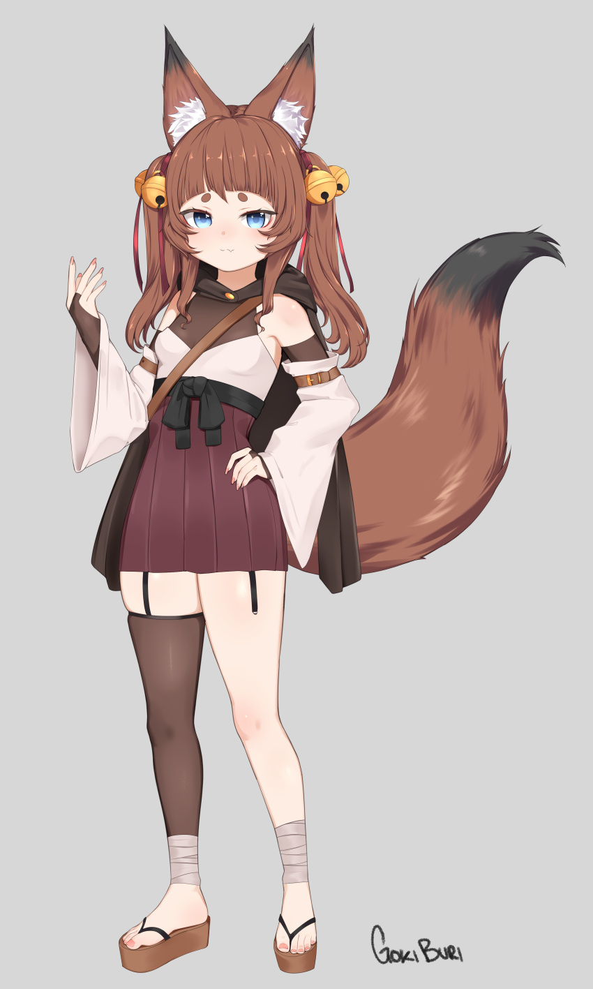 1girl absurdres animal_ears ankle_wrap bell blue_eyes breasts brown_hair cape eyebrows fox_ears fox_girl fox_tail goki_buri grey_background hand_on_hip highres japanese_clothes jingle_bell long_sleeves looking_at_viewer original red_skirt ribbon sandals single_leg_pantyhose skirt small_breasts tail thick_eyebrows twintails
