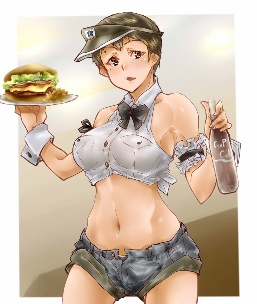 1girl bangs black_headwear black_shorts bottle bow bowtie brown_eyes brown_hair burger casual collared_shirt commentary_request cowboy_shot denim denim_shorts emblem food freckles frilled_armband girls_und_panzer halter_top halterneck highres holding holding_bottle holding_plate looking_at_viewer micro_shorts midriff naomi_(girls_und_panzer) navel open_fly open_mouth outside_border plate saunders_(emblem) shirt short_hair shorts smile soda_bottle solo standing suzuki_no_m tied_shirt very_short_hair visor_cap white_shirt wing_collar wrist_cuffs