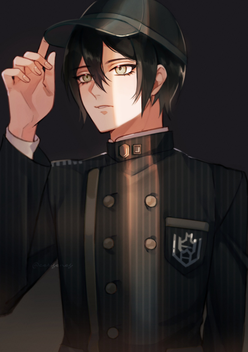 1boy arm_at_side bangs black_hair black_headwear breast_pocket brown_eyes buttons cerise_(cerisenes) commentary_request danganronpa_(series) danganronpa_v3:_killing_harmony double-breasted gradient gradient_background hand_up highres jacket long_sleeves male_focus parted_lips pocket saihara_shuuichi short_hair solo striped striped_jacket twitter_username upper_body vertical_stripes