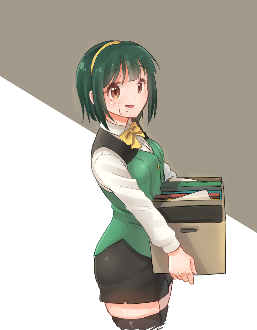 1girl absurdres bangs black_legwear black_skirt blush bob_cut bow bowtie brown_eyes commentary cowboy_shot cropped_legs dress_shirt eyebrows_visible_through_hair file_cabinet from_side green_hair green_vest hairband highres holding idolmaster kamille_(vcx68) long_sleeves looking_at_viewer miniskirt mole mole_under_mouth office_lady open_mouth otonashi_kotori pencil_skirt shirt short_hair skirt smile solo standing sweatdrop thigh-highs vest white_shirt wing_collar yellow_hairband