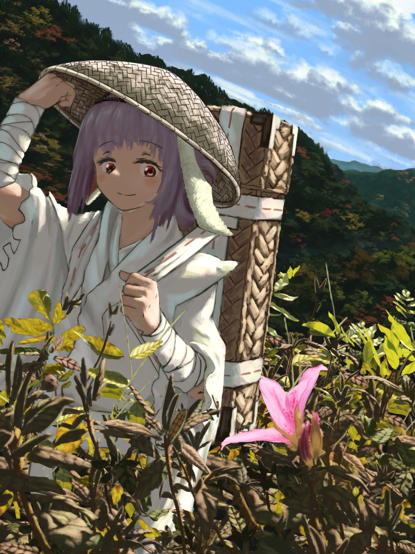 1girl absurdres alternate_hairstyle animal_ears arm_wrap bangs closed_mouth commentary_request day field floppy_ears flower folded_hair forbidden_scrollery forest hat highres japanese_clothes kajatony kimono looking_to_the_side medicine_seller medium_hair mountain nature outdoors pink_flower purple_hair rabbit_ears red_eyes reisen_udongein_inaba rice_hat smile solo touhou tree upper_body white_kimono