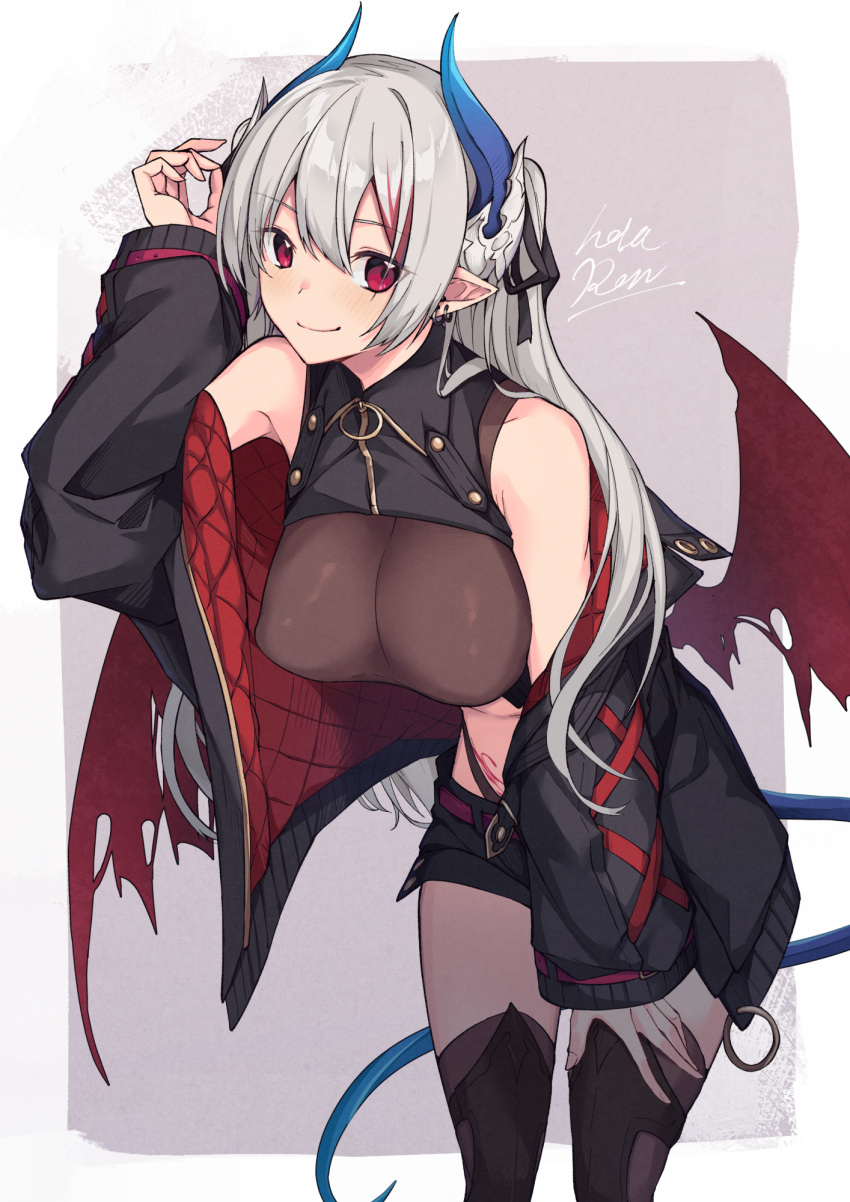 1girl black_jacket black_legwear black_ribbon black_shorts blush bodystocking breasts closed_mouth commentary covered_nipples crop_top demon_girl demon_horns demon_tail demon_wings ear_piercing eyebrows_visible_through_hair eyes_visible_through_hair feet_out_of_frame hair_between_eyes hair_ribbon hand_on_own_knee hetaren_(ramark) highres horns jacket large_breasts leaning_forward long_hair looking_at_viewer midriff multicolored_hair off_shoulder open_clothes open_jacket original piercing pointy_ears pubic_tattoo purple_background purple_belt red_eyes redhead ribbon short_shorts shorts signature silver_hair simple_background smile solo standing streaked_hair tail tattoo thigh-highs thighs two-sided_fabric two-sided_jacket two-tone_hair two_side_up wings