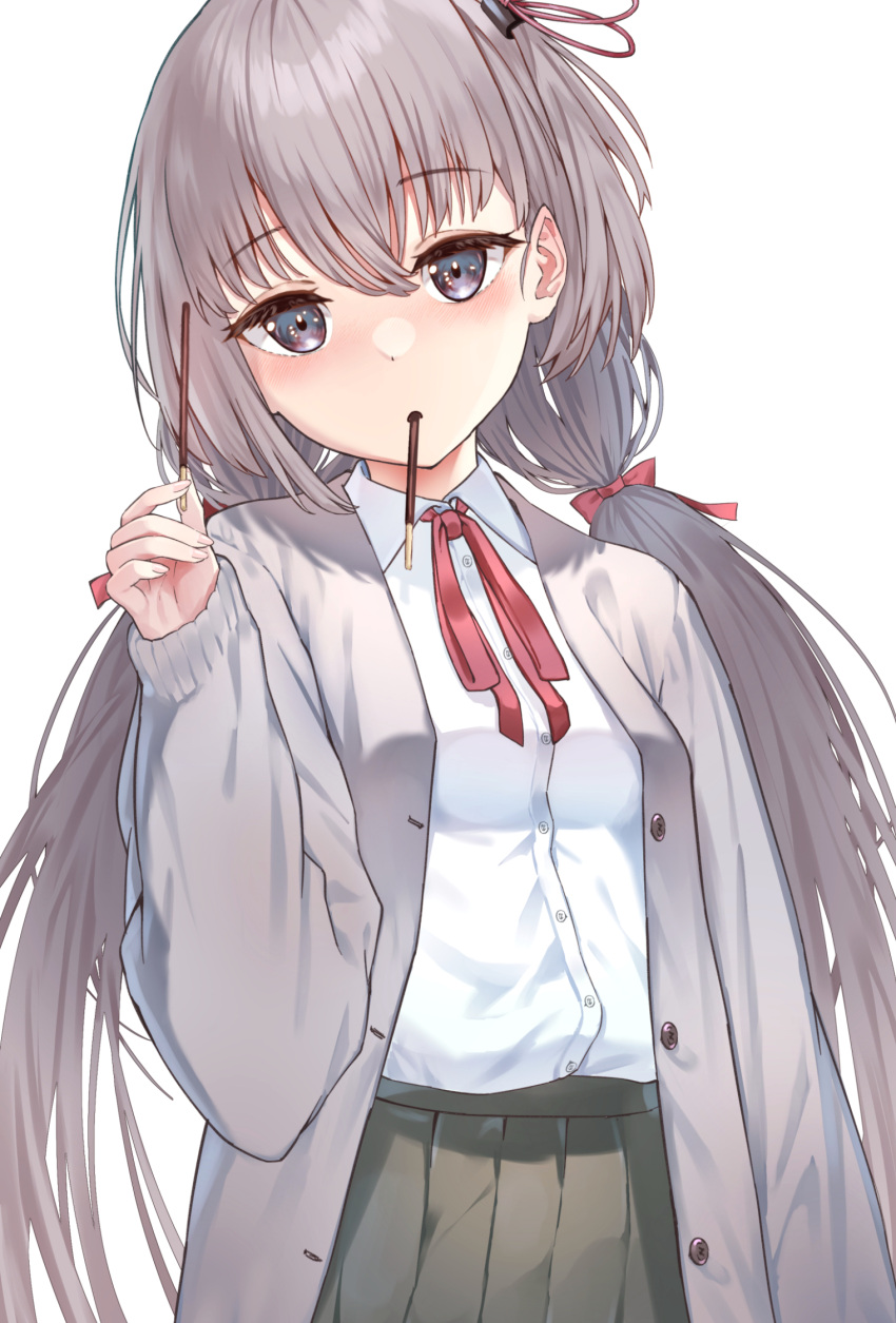 1girl bangs blush buttons collared_shirt commentary_request cowboy_shot eyebrows_visible_through_hair food green_skirt grey_eyes grey_hair hair_ornament highres holding holding_food holding_pocky long_hair long_sleeves looking_at_viewer mouth_hold namikishiho neck_ribbon open_clothes original pleated_skirt pocky pocky_day red_neckwear red_ribbon ribbon school_uniform shirt simple_background skirt solo standing twintails white_background white_shirt