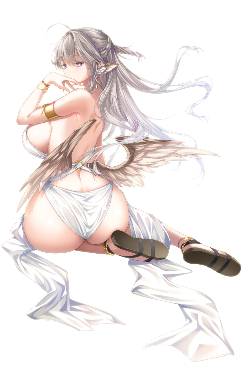 1girl absurdres ahoge amatsuji armlet ass backless_dress backless_outfit bangs bare_back bare_shoulders blue_eyes breasts colored_eyelashes commentary_request dress eyebrows_visible_through_hair floating_hair from_behind grey_eyes grey_hair hair_between_eyes hand_on_own_face highres large_breasts long_hair looking_at_viewer looking_back low_wings original pointy_ears sandals shoulder_blades sideboob sidelocks simple_background sleeveless sleeveless_dress solo thighs thong very_long_hair white_background white_dress wings