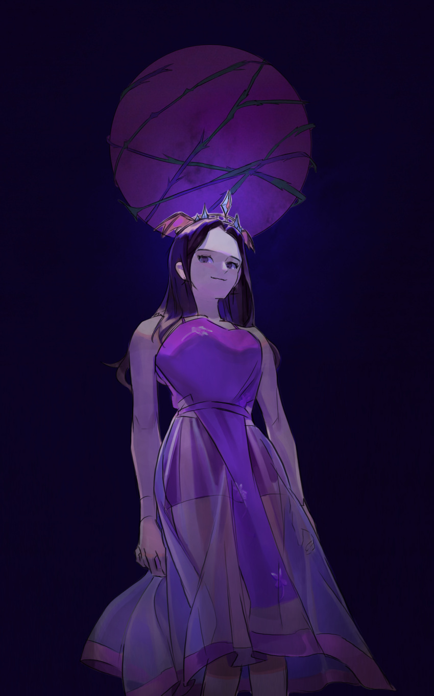 1girl absurdres black_hair choerry dress from_below gozzi hair_behind_ear head_wings highres k-pop looking_to_the_side loona_(group) moon plant purple_background purple_dress real_life sketch smile solo tiara vines violet_eyes