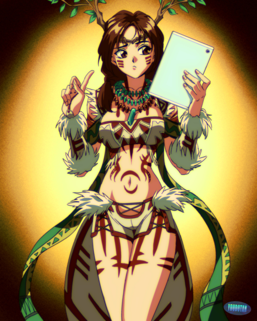1990s_(style) 1girl artist_name bodypaint branch breasts brown_eyes brown_hair confused facepaint highres holding holding_tablet_pc jewelry julia_chang looking_to_the_side medium_breasts midriff navel necklace pointing pointing_up retro_artstyle selfie short_shorts shorts solo strapless tablet_pc tekken tube_top white_shorts youdotan