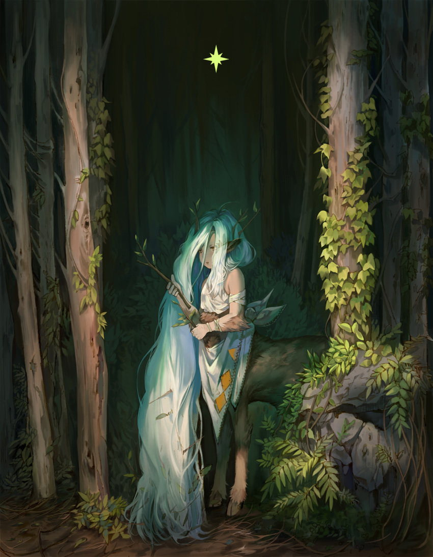 1girl absurdly_long_hair animal_ears antlers aqua_hair ashukapeka asymmetrical_hair bandaged_arm bandages bare_shoulders blue_hair bracelet branch centauroid deer_ears deer_girl english_commentary forest fur hair_between_eyes highres holding holding_branch jewelry long_hair nature original parted_lips plant sarong sidelocks solo standing taur tree very_long_hair vines white_hair