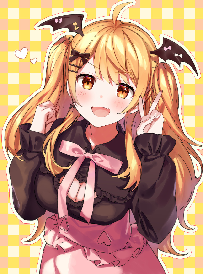 1girl :d absurdres ahoge bangs blonde_hair blush bow bowtie breasts brown_eyes brown_shirt cleavage_cutout clothing_cutout commentary_request eyebrows_visible_through_hair fang hair_bow hair_ornament hairclip hands_up head_wings heart highres hololive large_breasts long_hair long_sleeves looking_at_viewer open_mouth pink_bow pink_bowtie pink_skirt shirt skin_fang skirt smile solo very_long_hair virtual_youtuber yozora_mel yumesaki_nana