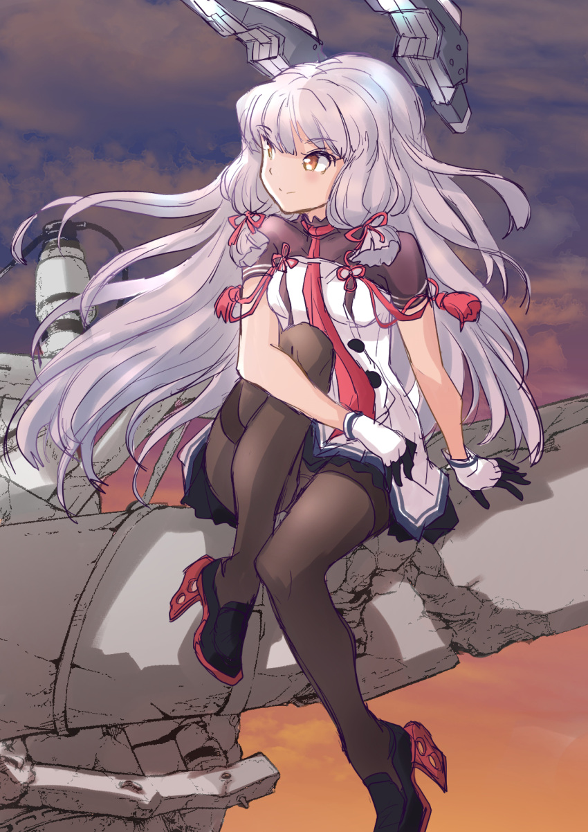 1girl bangs black_legwear blunt_bangs commentary_request dress fuji_(pixiv24804665) hair_ribbon headgear highres kantai_collection long_hair looking_to_the_side murakumo_(kancolle) necktie orange_eyes pantyhose red_neckwear remodel_(kantai_collection) ribbon short_eyebrows sidelocks silver_hair solo thighband_pantyhose tress_ribbon white_dress