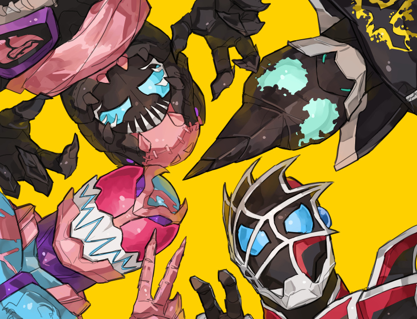 4boys aqua_eyes armor bat_genome bbbb_fex black_armor blue_eyes chibi commentary_request fingernails highres kamen_rider kamen_rider_demons kamen_rider_evil kamen_rider_revi kamen_rider_revice kamen_rider_vice looking_at_viewer male_focus multiple_boys pink_armor pink_scarf red_armor red_eyes rex_genome scarf sharp_fingernails silk spider_genome spider_web spider_web_print trait_connection