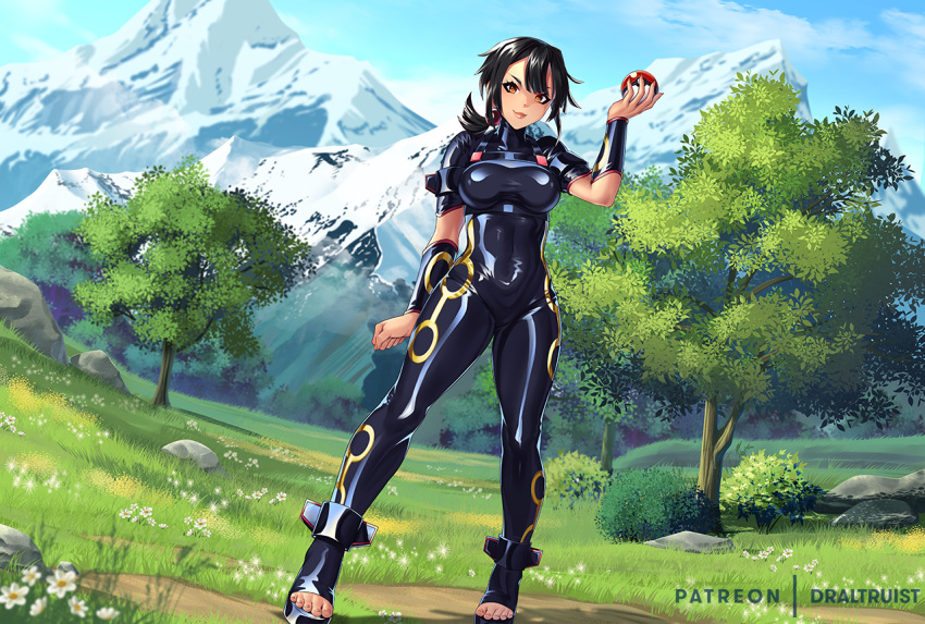 1girl alternate_costume artist_name bangs black_bodysuit black_hair bodysuit bracer breasts clenched_hand closed_mouth clouds commentary day dr_altruist eyelashes flower grass holding holding_poke_ball legs_apart looking_at_viewer mountain orange_eyes outdoors poke_ball poke_ball_(basic) pokemon pokemon_(game) pokemon_oras rock shiny shiny_clothes skin_tight sky smile solo standing tied_hair toes tree white_flower zinnia_(pokemon)