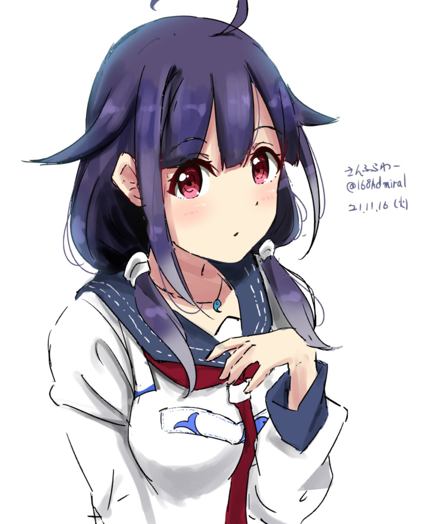 168admiral_(sunflower) 1girl ahoge blue_sailor_collar hair_flaps highres kantai_collection low_twintails magatama neckerchief one-hour_drawing_challenge red_eyes red_neckerchief sailor_collar school_uniform serafuku simple_background solo taigei_(kancolle) twintails upper_body white_background