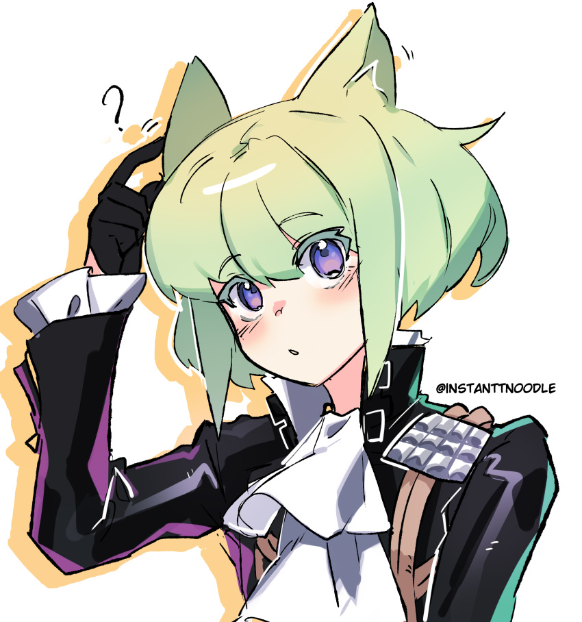 1boy ? absurdres animal_ears artist_name ascot black_gloves black_jacket blush cat_boy cat_ears colored_shadow gloves green_hair half_gloves hand_up highres instanttnoodle jacket kemonomimi_mode lio_fotia male_focus otoko_no_ko parted_lips promare shadow short_hair simple_background solo upper_body violet_eyes white_ascot white_background