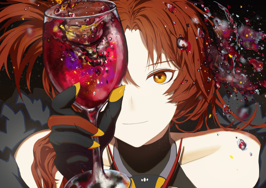 1girl alcohol bangs black_gloves close-up closed_mouth cup forehead fur_collar gloves highres holding holding_cup honkai_(series) honkai_impact_3rd looking_at_viewer murata_himeko murata_himeko_(vermillion_knight) rafaelaaa redhead smile solo spill wine yellow_eyes